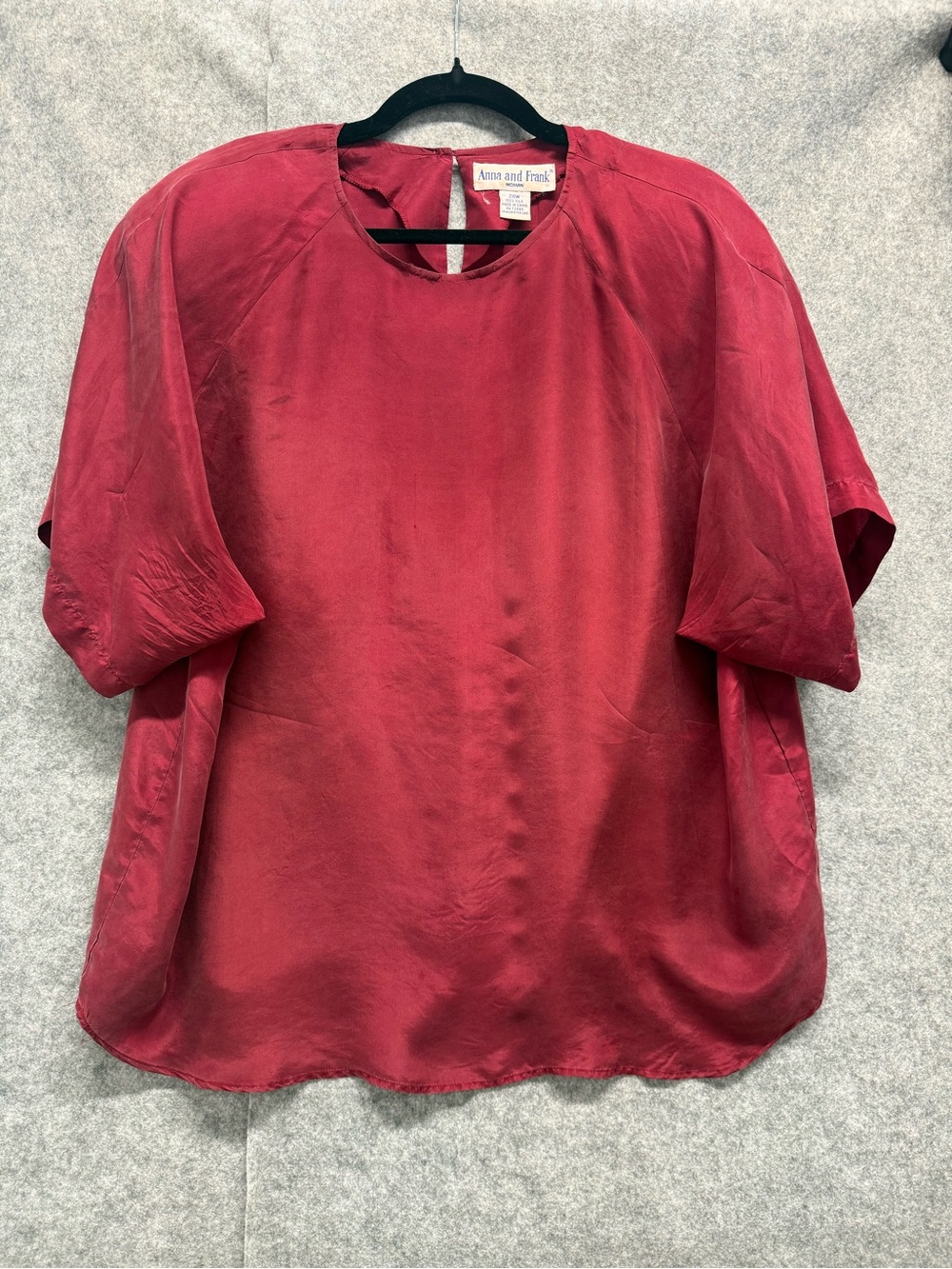 Anna And Frank Deep Red Short Sleeve Silk Top Shoulder Pads Vintage